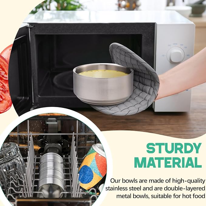 Reallnaive 6 Sets 12 oz Stainless Steel Korean Soup Rice Bowl with Lid for Cereal Kitchen Restaurant Double-walled Anti Scalding Metal Bowls for Soup Salad Noodles Insulated
