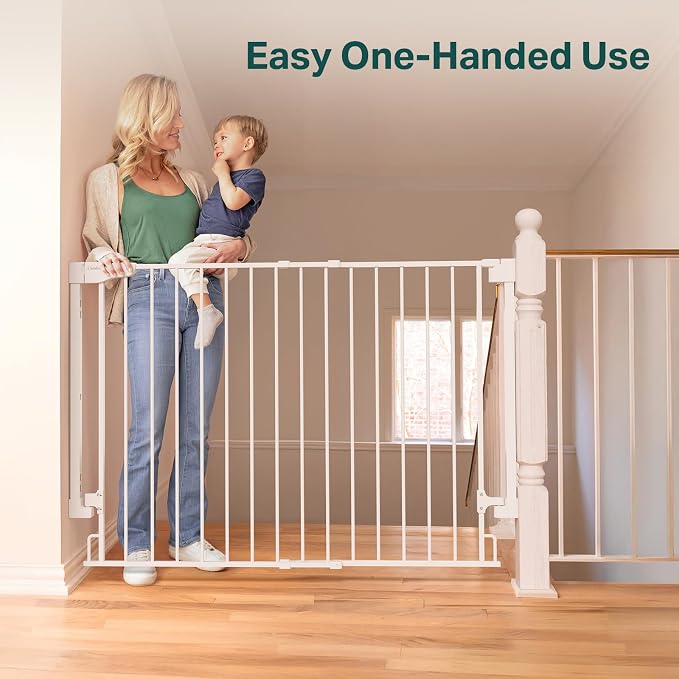 Cumbor 34" Extra Tall Baby Gate for Stairs, Hardware Mounted (Drill Required), Expandable 31.6-48" No Bottom Bar Dog Gate Indoor for Larger Pets, Large Walk Thru Door for Easy Access (White)