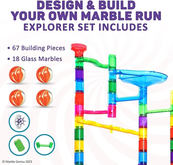 Marble Genius Marble Run - 85 Complete Pieces Maze Track Toys for Adults, Teens, Toddlers & Kids Aged 4-12 Years Old (67 Translucent Marbulous Pieces + 18 Glass-Marble Set), Explorer Set