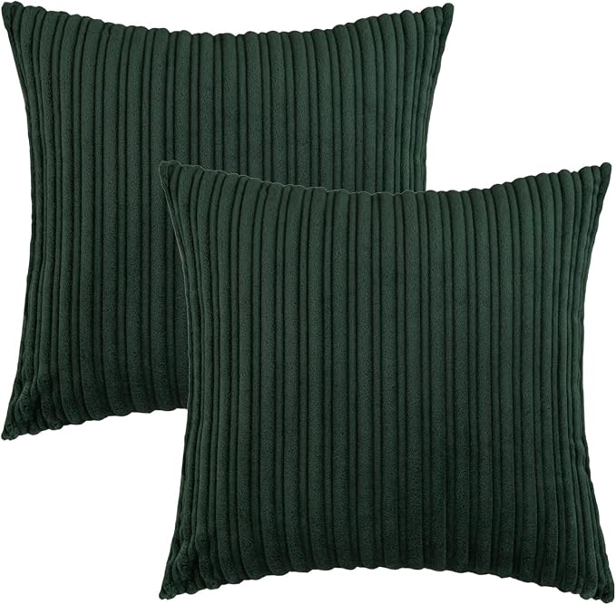 UGASA Velvet 20x20 Inch Soft Throw Pillow Covers Decorative Striped Corduroy Both Sides Solid Square Cushion Cases Boho Farmhouse for Couch Bedroom Sofa Home, Pack of 2, Dark Green