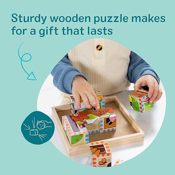 Melissa & Doug Farm Wooden Cube Puzzle with Storage Tray – 6-in-1 Animal Puzzle for Toddlers and Preschoolers – 16 Wooden Cubes – Farm Toy for Kids Ages 3+ - FSC Certified