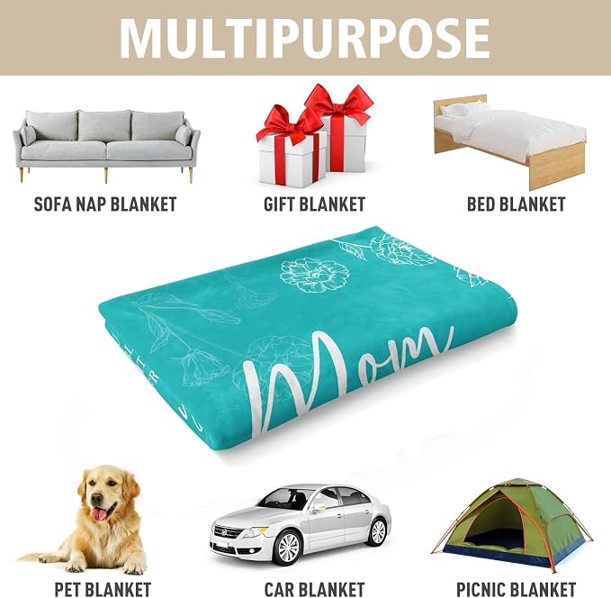 GiltGlimmer Mom Birthday Gifts, Mom Floral Blanket Teal, 60" x 50" | Gifts for Moms from Daughter Son, We Love You Present for Mother Mommy Christmas Mothers Day