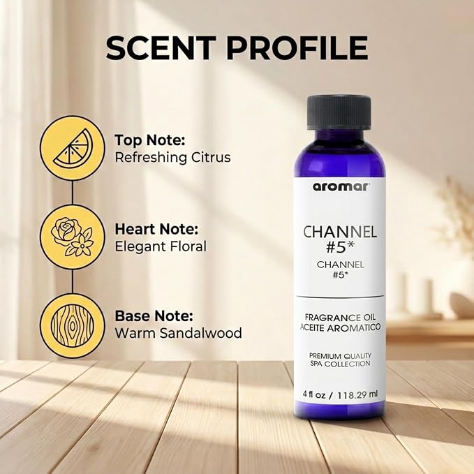 AROMAR Premium Fragrance Oil, Long-Lasting, Refreshing Uplifting Aroma for Aromatherapy, Relaxation & Household Uses, Channel #5 4 oz.