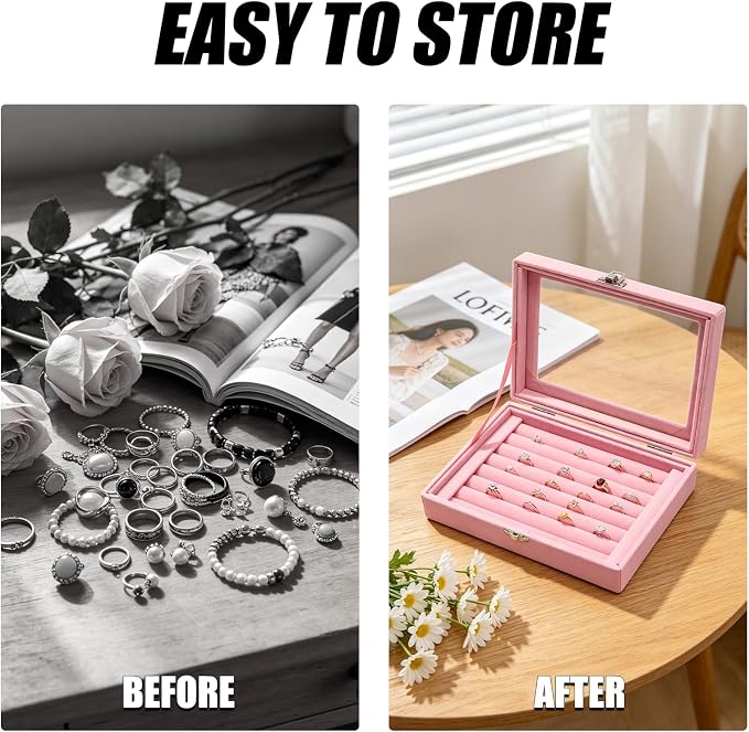Small Velvet Jewelry Tray with Clear Lid, 8 Rolls Pink | Lockable Ring Earring Holder Organizer Storage Box Case Jewelry Box Organizer for Rings Earrings Bracelets Brooches