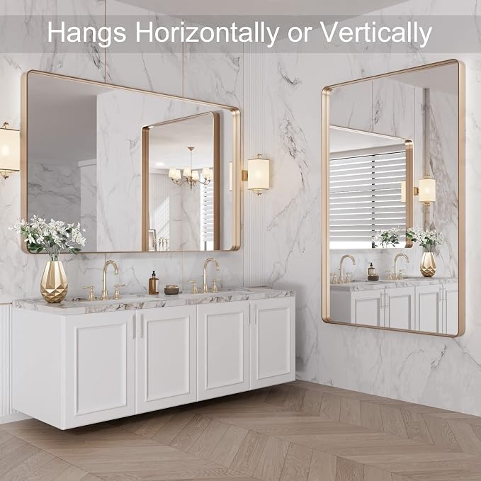 LOAAO 48"X30" Gold Bathroom Mirror | Rounded Rectangle, Brushed Gold Frame, Wall-Mounted, Anti-Rust, Tempered Glass, Hangs Horizontally or Vertically