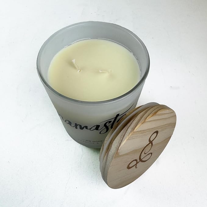DW Home Namaste Jasmine & Chai Scented Candle – Hand-Poured, 15 oz, Aromatherapy Candle with Natural Wooden Lid, Frosted Glass Jar, Relaxing Floral and Spiced Tea Fragrance