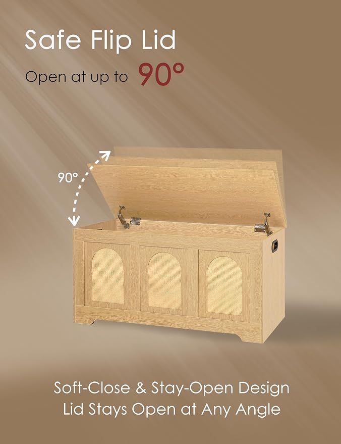 Storage Chest, Wooden Toy Box, Natural Oak 39.4" L | Entryway Shoe Bench, 2 Safety Hinges, Finger-safe Flip-Top, Easy Assembly, Farmhouse Large Trunk, Rattan, Living Room/Bedroom