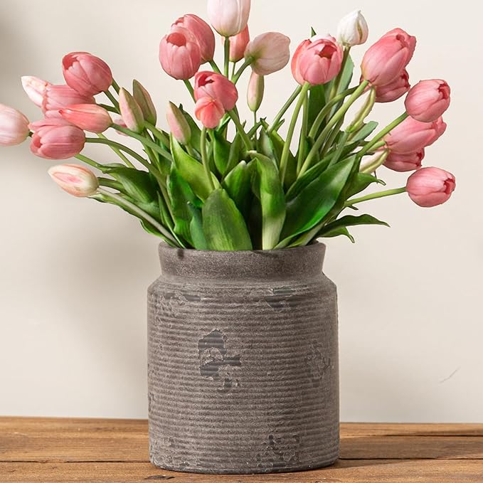 Ceramic Flower Vase 7.5 inch Farmhouse Rustic Vase for Home Decor Handcrafted Pottery Terracotta Vases for Dining Table Decor Fireplace Living Room Bathroom Wedding Centerpiece (M-Dark Gray)