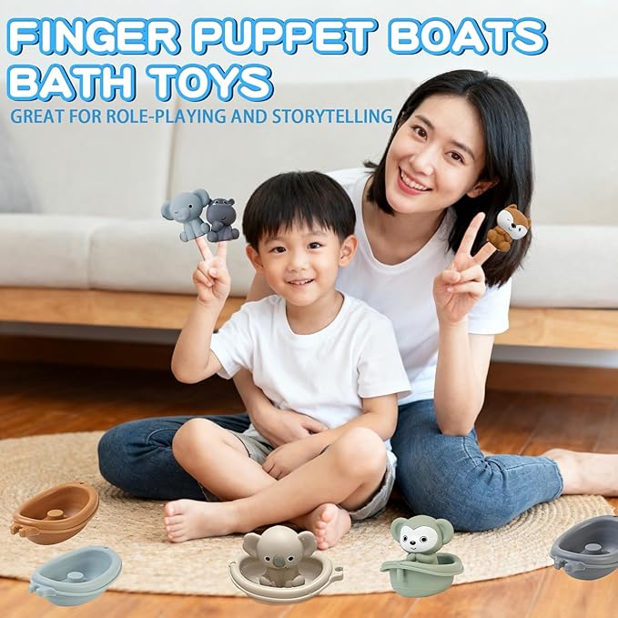 OTONOPI Baby Bath Toys Set 12 Pcs, Floating Bath Toys with 6 Sensory Animal Finger Puppets 6 Stackable Boat, Educational Water Floating Bathtub Pool Beach Toy for Toddlers Babies 18 Months and Up