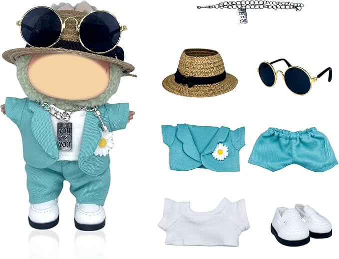 [7 in 1]17cm Doll Clothes(NO Doll), Cute Dolls Outfit Accessories with G Dragon Style White Daisy Flower Turquoise Blazer, Shirt, Pants, Hat, Sunglasses, Chain, Shoes Clothes Set for Dolls (Style 18)