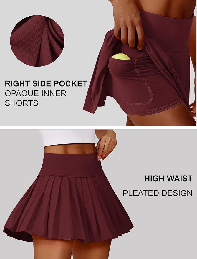 PINSPARK Pleated Tennis Skirts Mini Athletic Golf Skorts with Pocket | 14", High Waist, Lightweight, Quick Dry, Stretchy, Inner Shorts, Sun Protection, Pickleball, Casual, for Women