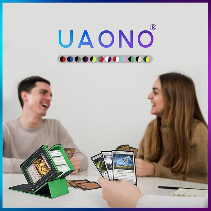 UAONO Card Deck Box with MTG Commander Display, Deck Case Holds 100+ Double-Sleeved Cards, Trading Card Storage Box Fits TCG/PTCG/Sports Card with 2 Dividers, 1 Top Loaders (Black, Dark Green)