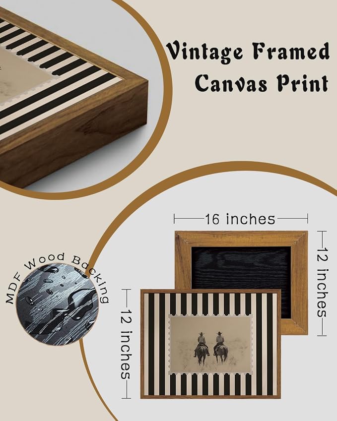 ZZLWBKGL Western Wall Decor Vintage Framed Wall Art Cowboy Canvas Art | Rustic Striped Artwork Retro Stamp Picture Mid Century Paintings for Living Room Bedroom 12x16in