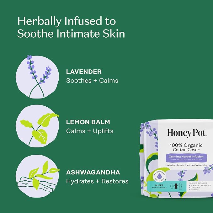Honey Pot - Calming Herbal Bundle - Sanitary Pads for Women - 100% Organic Cotton - Feminine Care - Non Cooling - Calming Herbs of Lavender, Ashwagandha, & Lemon Balm