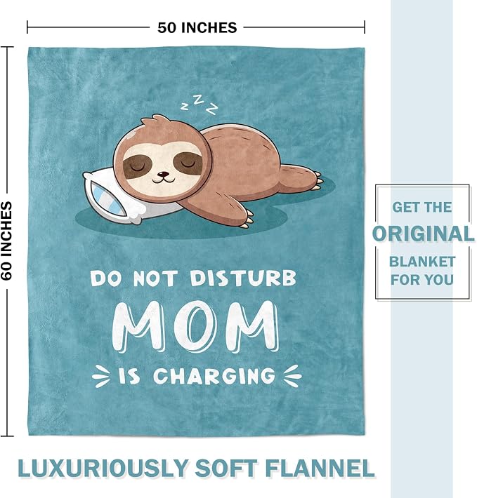 Leebbsin Funny Gifts for Mom, Birthday Gifts for Mom from Daughter Son | Mom is Charging Sloth Blanket, 60" x 50", Cyan, Mom Gift for Christmas Mothers Day, Soft Sloth Throws Blanket for Mother