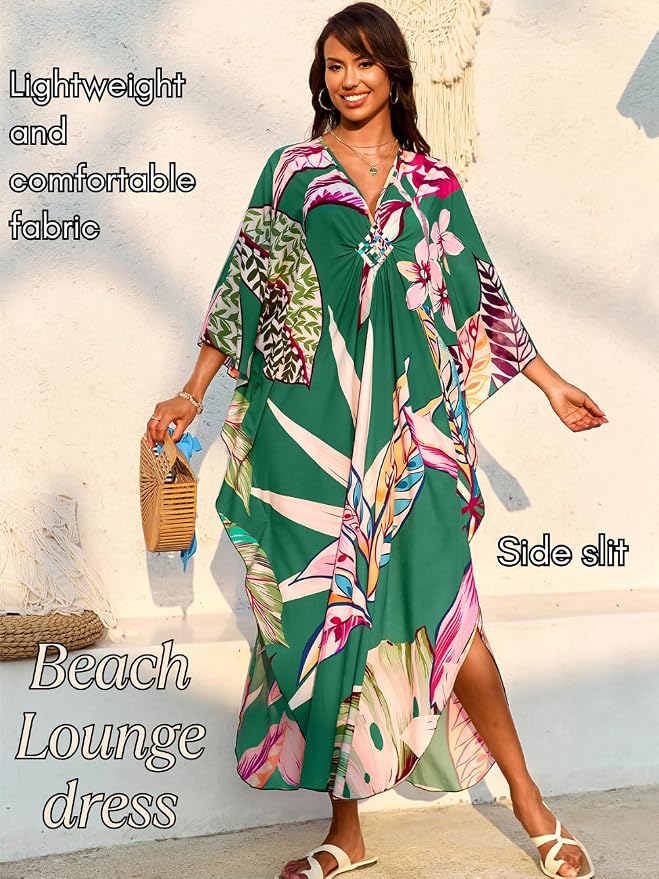 ChiaoLezhee Print Moo-Moos for Women, Kaftan Cover-Up Dresses, Sexy V-Neck High-Slit, Beach Pool-Party Coverups Muumuu Plus