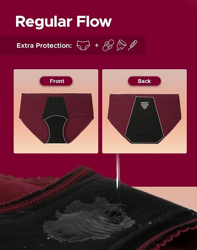 INNERSY Period Underwear for Women Teens Leak-Proof Menstrual Cotton Protective Hipster Panties 3-Pack