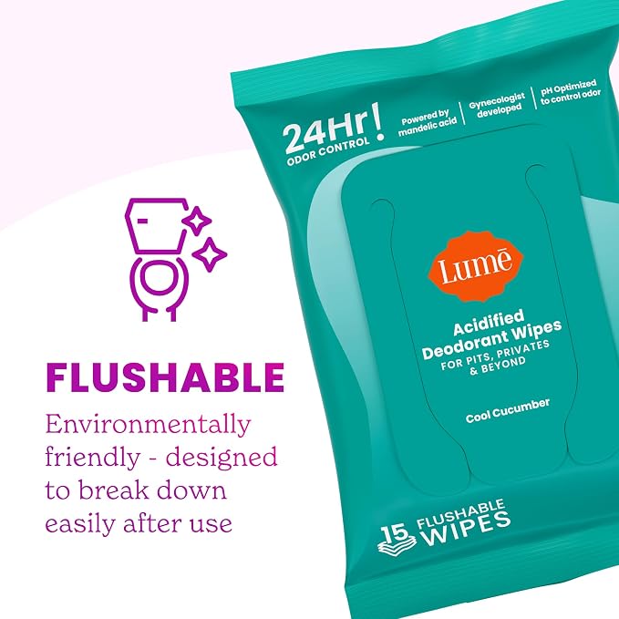 Lume Acidified Deodorant Wipes - 24 Hour Odor Control - Aluminum Free, Baking Soda Free, Skin Loving - Flushable - 15 Count (Cool Cucumber)
