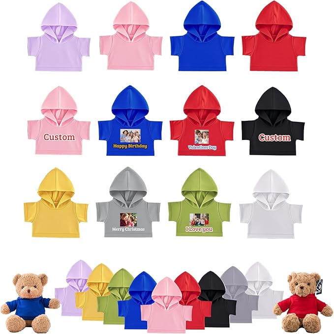 12 Pcs Personalized Teddy Bear Clothes with Photo Text, Custom Stuffed Animal Clothing Fit 8-16inch Stuffed Bear Clothes, Personalized Doll Clothing Make Your Own Plush Doll Shirt
