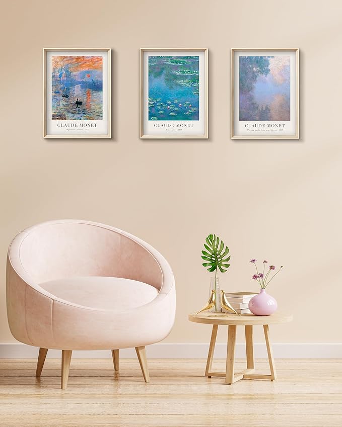 HesenDot Framed Claude Monet Water Lilies Canvas Wall Art Set of 3 12x16in | Vintage Impressionist Botanical Painting, High Framed Design Prints, Classic Wall Decor for Living Room Bedroom Bathroom