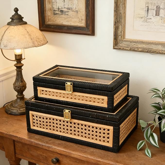 Black Rattan Decorative Storage Boxes with Glass Lids – Set of 2 Ribbed Wood Display Cases with Cane Weave & Solid Base – Nesting Coffee Table Organizer for Boho Chic Home Decor, Keepsakes