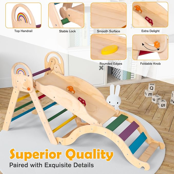 Montessori-Inspired Wooden Pikler Triangle, Space-Saving Indoor Jungle Gym with Convertible Ramp, Detachable Arch & Sturdy Ladder