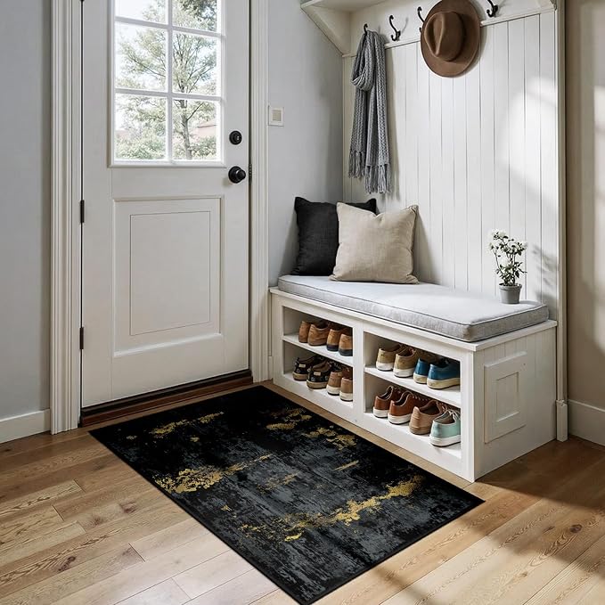 RELEANY Washable 3'x4' Abstract Area Rug for Living Room Black Gold | carpet for bedroom, kitchen, office, hallway and entryway, printed pattern, non-slip, soft, stain-resistant, easy to clean