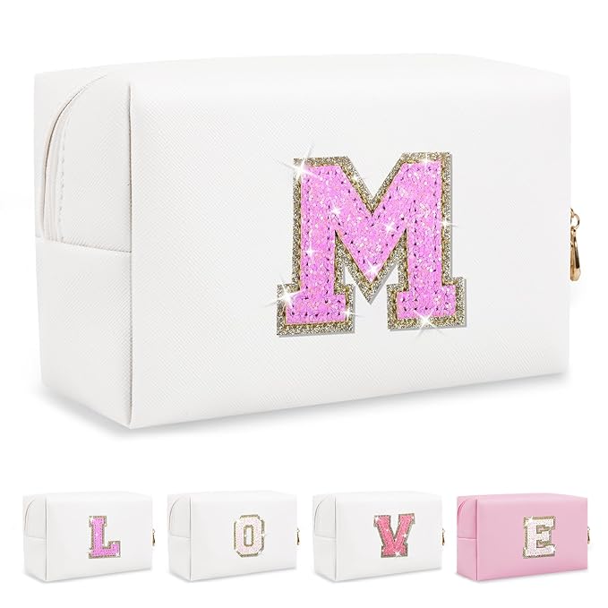 Small Initial Patch Makeup Bag Personalized Gifts Make Up Bag,White Cute PU Leather Glitter Letter Cosmetic Bag with Zipper,Trendy Portable Travel Toiletry Pouch,Preppy Stuff for Teen Girls Women M
