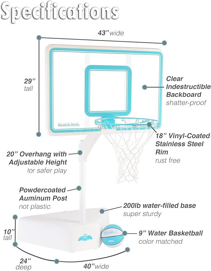 Dunn-Rite Splash & Shoot Outdoor Adjustable Height Swimming Pool Basketball Hoop w/Ball, Base, & 18 Inch Stainless Steel Rim, Made in USA, Clear