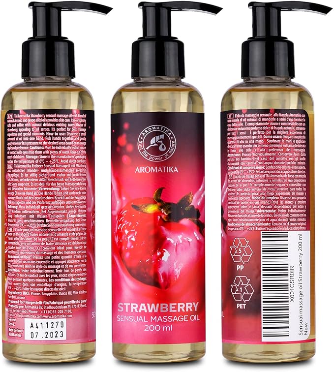 Sensual Massage Oil Strawberry 6.8 Fl Oz - Blend of Almond and Grapeseed Essential Oils - Edible & Kissable Massage Oil - Body Oil for Him & Her - for Couples - Gift - Relaxing Massage Oil