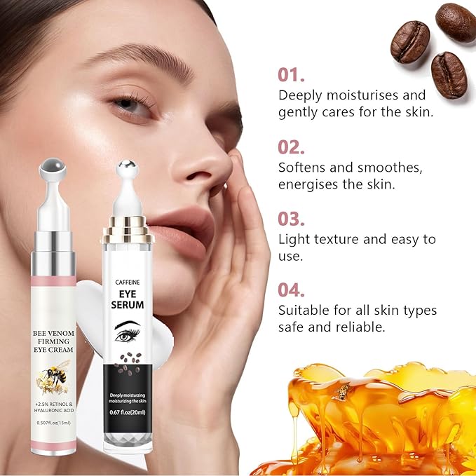 2-in-1 Eye Serum Set - Caffeine & Retinol Eye Cream + Bee Venom & Hyaluronic Acid Eye Serum, 360° Roller for Dark Circles, Puffiness & Fine Lines, Day & Night Duo
