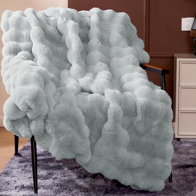Luxury 1000GSM Faux Rabbit Fur Throw Blanket, Super Heavy Warm Cozy Grey Blankets for Couch Bed Sofa, Ruched Plush Fuzzy Elegant Soft Reversible Mink Blanket for Living Room Bedroom