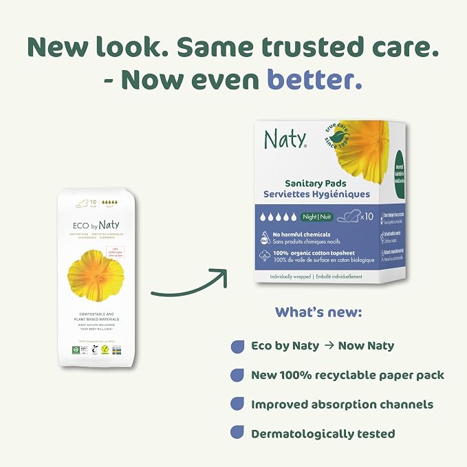 Naty Sanitary Pads for Women with Wings, Overnight Absorbency, 10 Count | 100% Organic Cotton top Sheet, Certified Skin-Safe for Periods, Unscented, Comfortable & Breathable