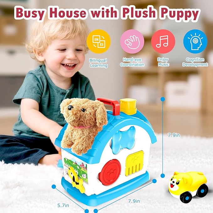 Interactive Toys for 1 2 3 Year Old Boy Gifts, Baby Musical Toy House with Stuffed Puppy, Car, Learning Educational Toy for Toddler 1-3, Christmas Birthday Gifts for 1 Year Old Boy (Blue)