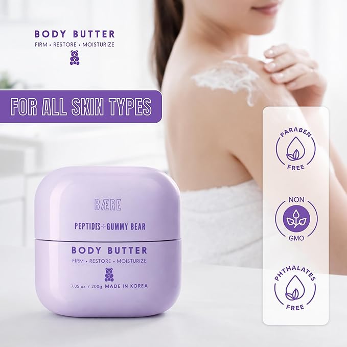 Peptides Body Butter With Gummy Bear – Dermatologist Tested, Anti-Aging Korean Skin Care – Deep Skin Hydration For A Smooth Dewy Glow – Vegan, Clean Beauty – 7.05 Oz