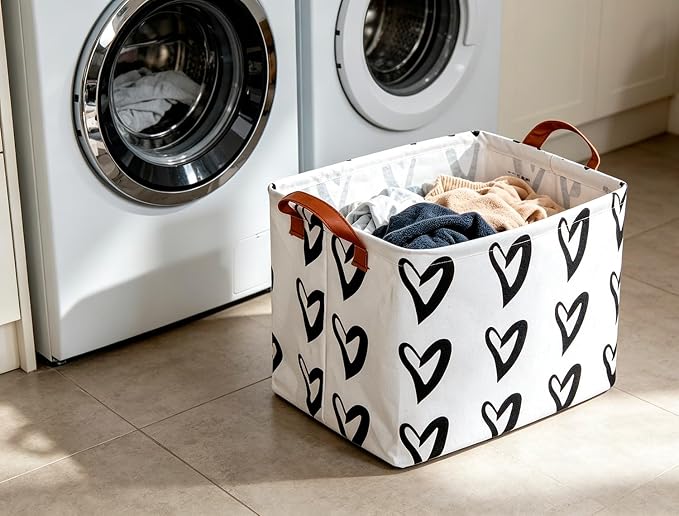 CLOCOR Heart Rectangular Storage Bin, Collapsible Waterproof Books Box with Handles, Gift Baskets (Black Hearts)