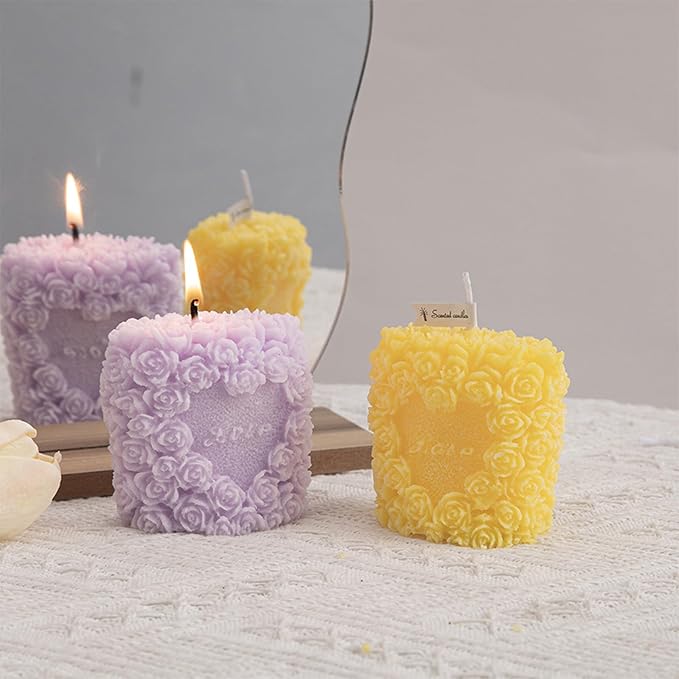 Rose Flower Clusters Aesthetic Scented Candle,Love Heart Handmade Soy Wax Aroma Decorative Candle for Table Photo Prop Valentine's Day Wedding Birthday Gift,Prefect for Meditation Stress (Yellow)