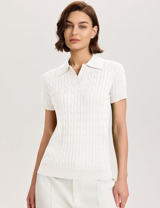 Micoson Womens Short Sleeve Sweater Tops Lapel V Neck Polo Shirts 2026 | Summer Cable Knit Loose Blouses, Business Casual Outfits