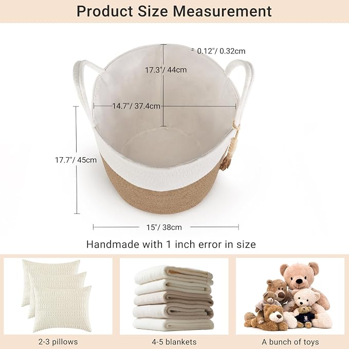 Mkono Woven Storage Basket for Blanket, Toys Plant Organizer, 15"W x 17.7"L | Cream White and Brown, Decorative Basket with Handle, Wood Beads Tassel, Shoes Towel Storage Bin, Living Room Bedroom Nursery