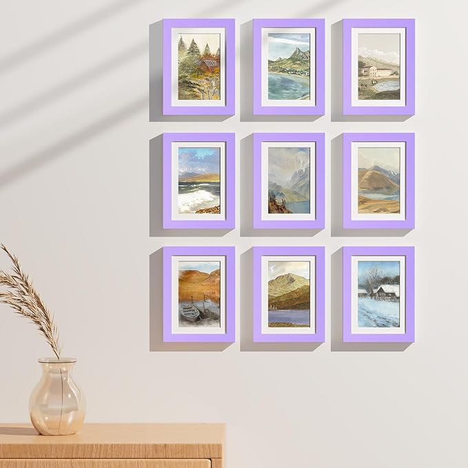 Vittanly 5x7 Picture Frames Set of 9 for Wall or Tabletop Display, Purple | Display Pictures 4x6 with Mat or 5x7 without Mat, Small Photo Frames, Engineered Wood with Shatter Resistant Plexiglass