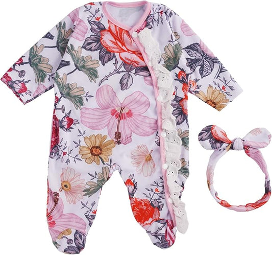 BABESIDE 2 Pcs Reborn Baby Doll Clothes with Headband for 17-22 Inch Babydolls, Floral Patterns Reborn Baby Doll Accessories for Realistic Newborn Dolls Girls, Pink