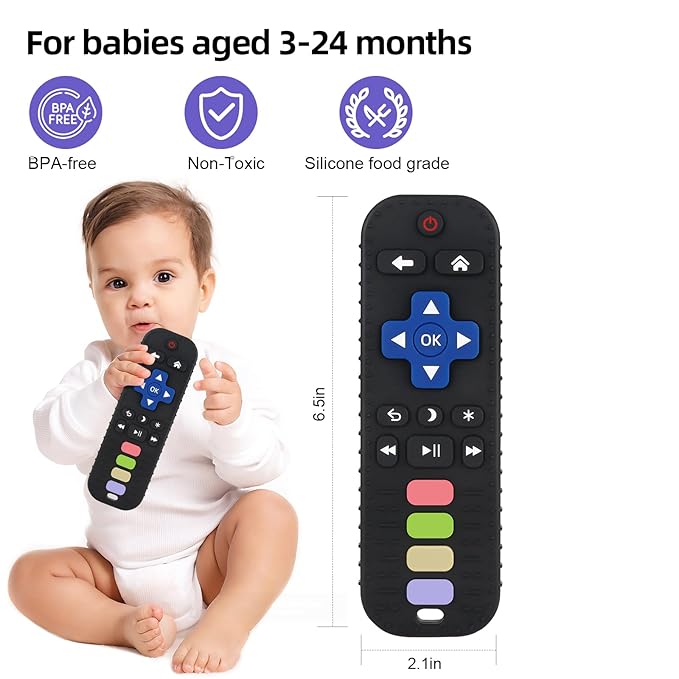 Chuya Baby Teether for Babies 3 6 12 18 24 Months TV Remote Control Shape Soft Gums Chew Toys Black+Blue