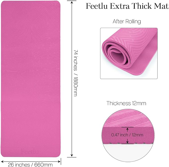 Extra Thick 12mm Exercise Mat – 74"L x 26"W Inch, Non-Slip, Joint-Friendly & Cushioned Fitness Mat for Yoga, Pilates & Floor Workouts – Durable, Supportive & Includes Feetlu Classic Strap