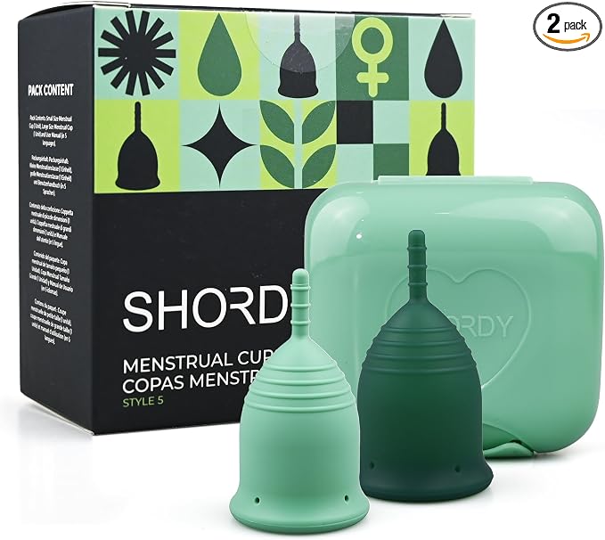 SHORDY Menstrual Cups - Reusable Small & Large Heavy Flow Period Cups | High capacity, 100% medical grade silicone, Overnight leak protection, Disc & tampon alternative copa menstrual para mujer