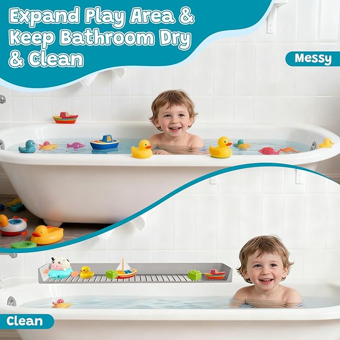 Longer 2.6 Ft Bathtub Splash Guard for Tub, Silicone Water Splash Guard with Strong Suction Cups & Toy, Bath Toy Holder, No Mess Water Spill in Bathroom for Toddlers Kids Baby