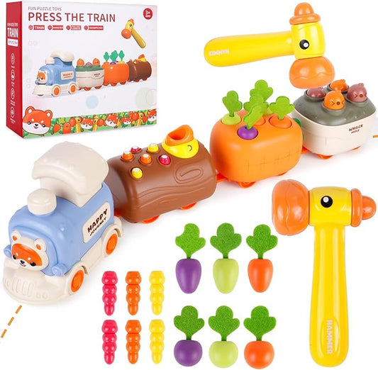 Press and Go Car Toys, Kids Push Car with Whack-A-Mole, Woodpecker Worm, Carrot Harvest Game, Car Racing Toy for Toddler Travel Toys, Baby Learning & Education Train Toys Birthday Boy Girl gift