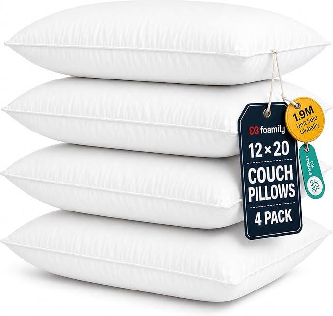 Foamily 12x20 Lumbar Pillow Inserts, White Pillows for Couch & Bed, 4 Pack | Soft down-alternative fill, hypoallergenic, holds its shape. Fits 12x20 lumbar covers. Couch, bed, accent chairs.