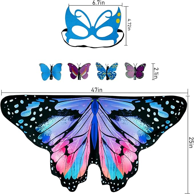 Kids Butterfly Wings Costume for Girls Fairy-Wings Mask Party Favors Gifts (Blue Red sets)
