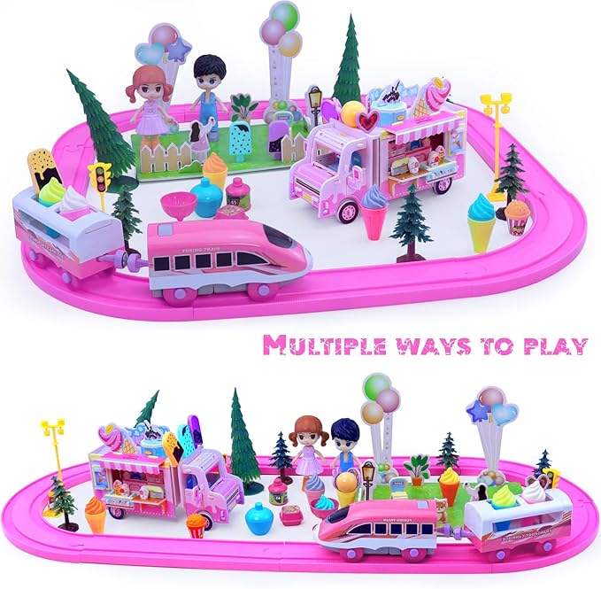 Pink Train Sets for Toddlers|Musical Electric Train Toys with DIY Ice Cream Truck 3D Foam Puzzles Party Scene Building Kit & Dolls for Girls Boys 3-5 Years Old Parent-Child Interaction Birthday Gift