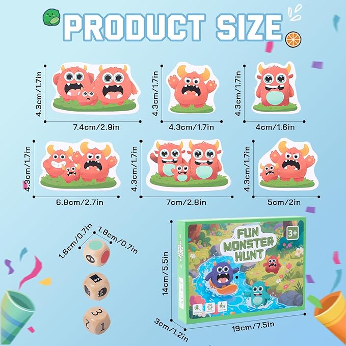 Fun Monster Hunt Kids Card Game for Ages 3+ Family Speed Matching Game with 36 Monster Cards & Dice Educational Party Favors for Hand-Eye Coordination
